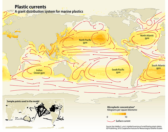 図１：海中のマイクロプラスチックの分布。黄色〜オレンジ色が濃いほど、マイクロプラスチックの量が多い（出典：Rech et al., 2014）